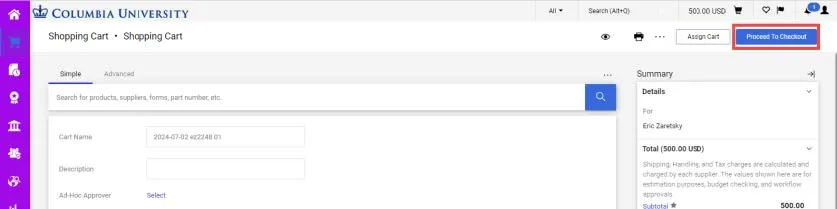Shopping cart page in the CU Marketplace. 