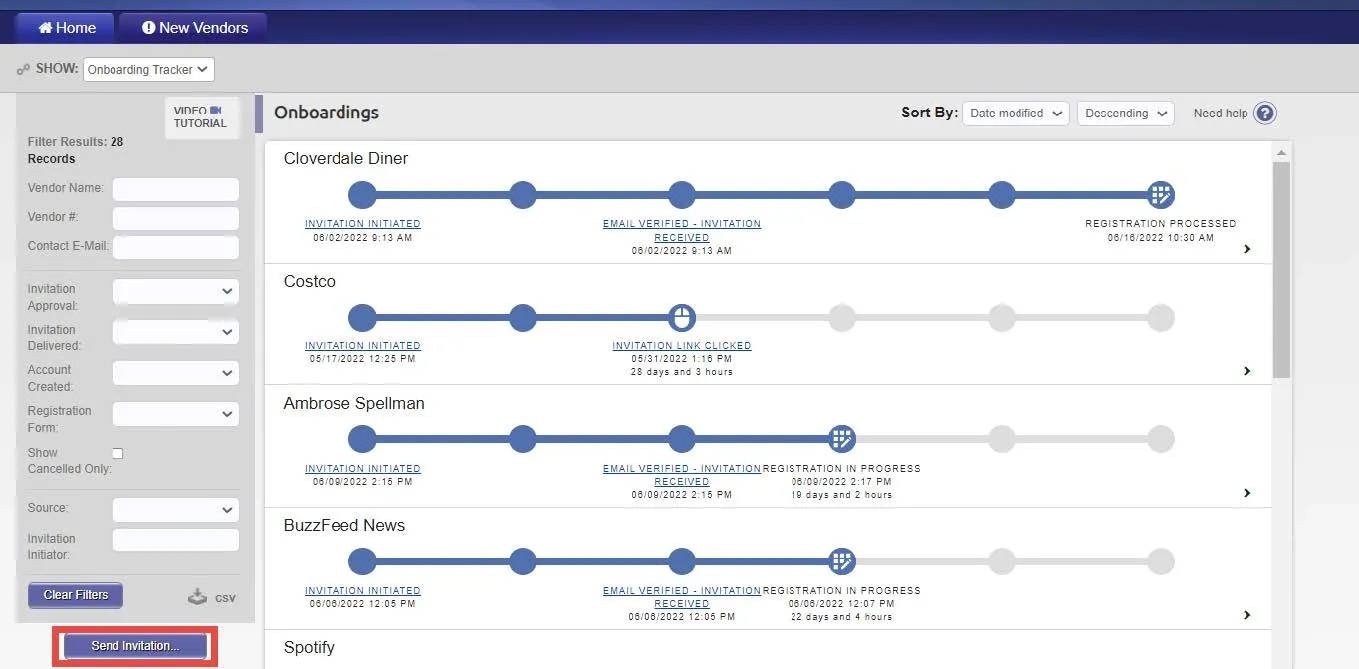 Vender Management Master Updates screen