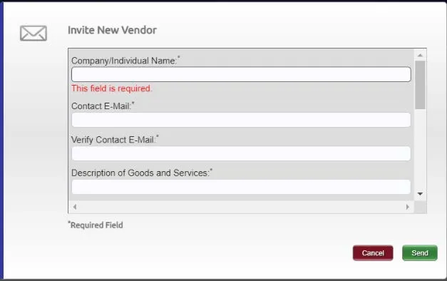 The Invite New Vendor window appears.