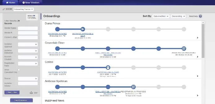 The Onboardings screen displays the status of the vendors you have invited.