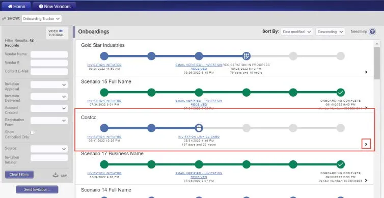 The Onboardings screen displays the status of the vendors you have invited.