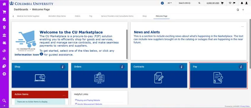CU Marketplace homepage dashboard with the paying tile highlighted. 