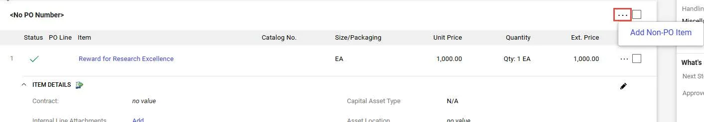 No PO Number window with the the Add Non-PO Item link highlighted. 