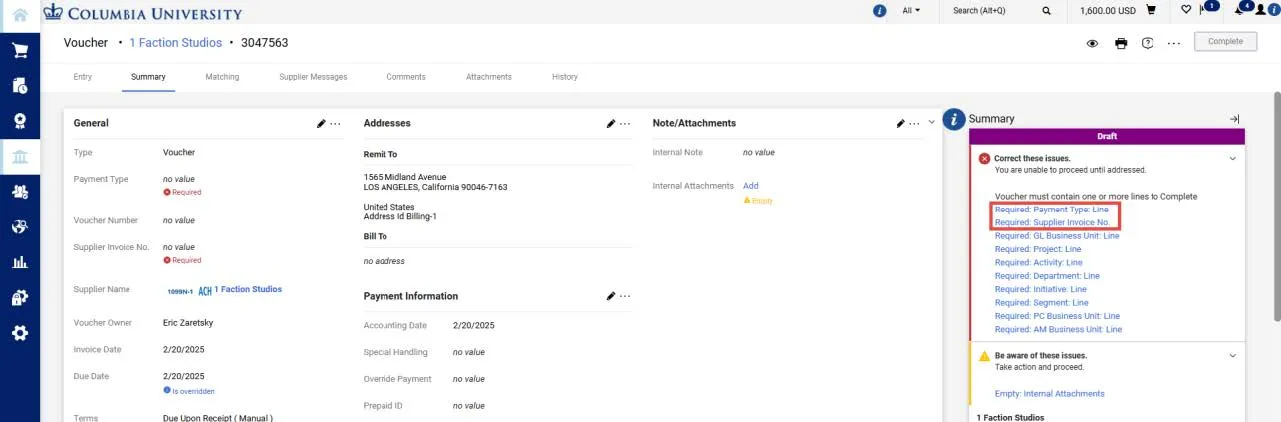 Voucher summary tab. 