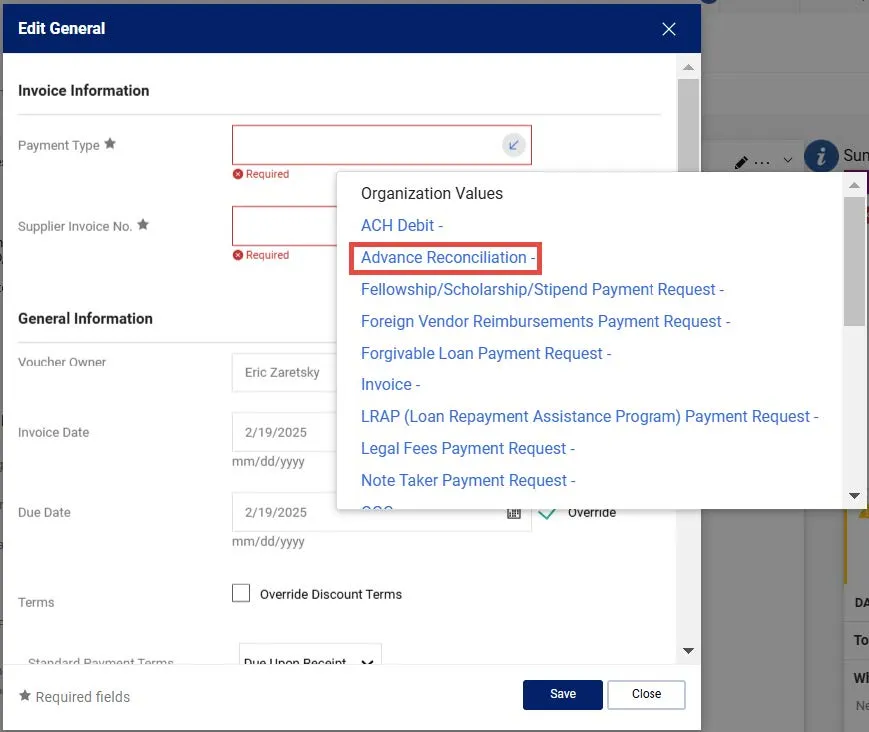 Edit general window. The Advance Reconciliation from the Payment Type from the dropdown is highlighted. 