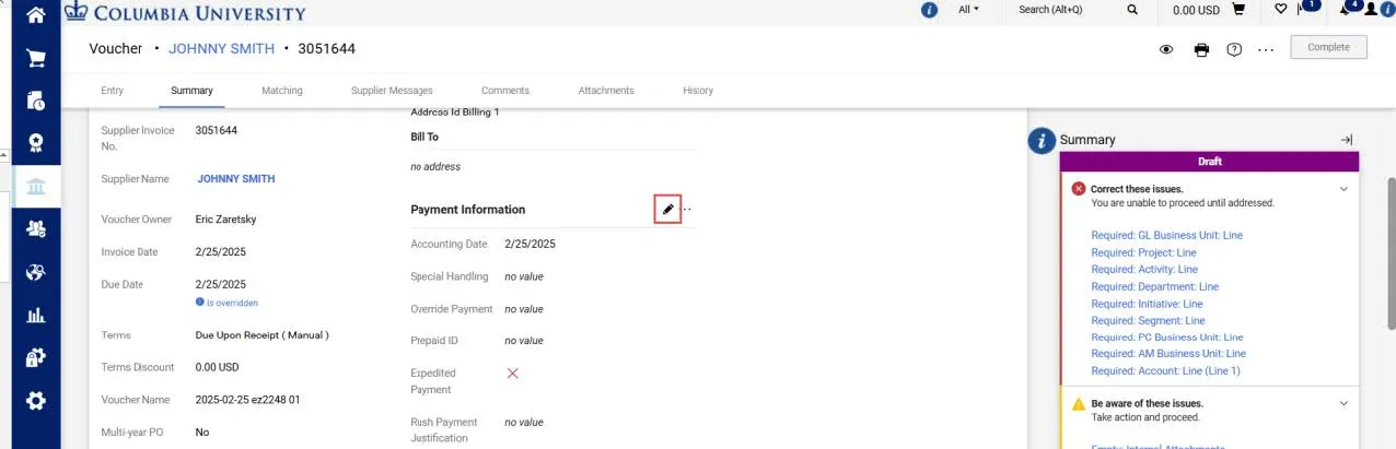 Voucher summary tab. 