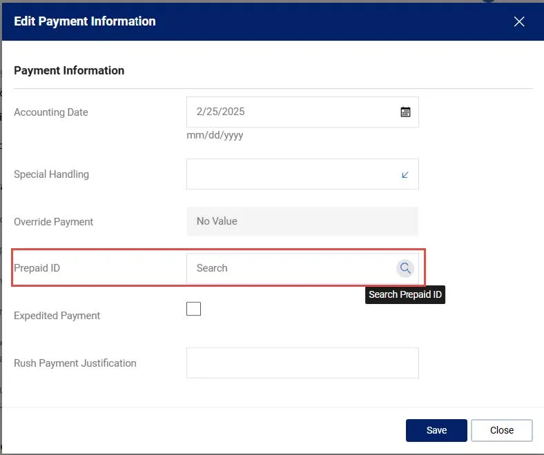 Edit Payment Information window. 