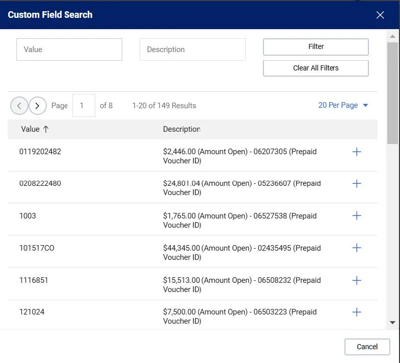 Custom Field Search Window. 