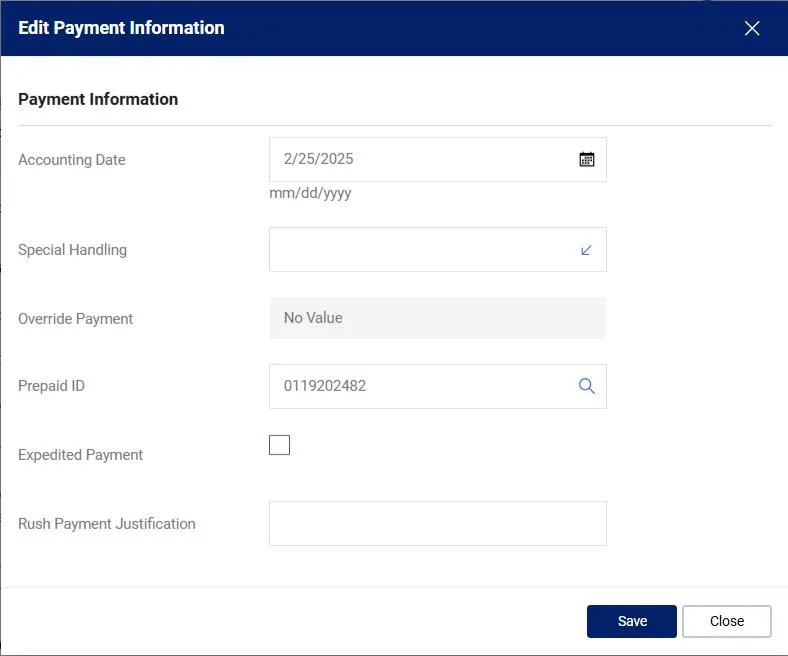 Edit Payment Information window. 