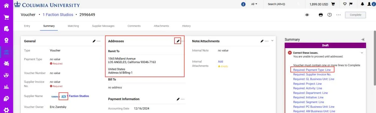 Voucher summary view with the addresses fields highlighted. 