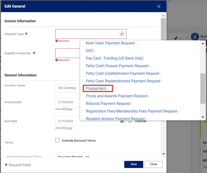 Edit General window the Prepayment from the Payment Type from the dropdown link selected. 