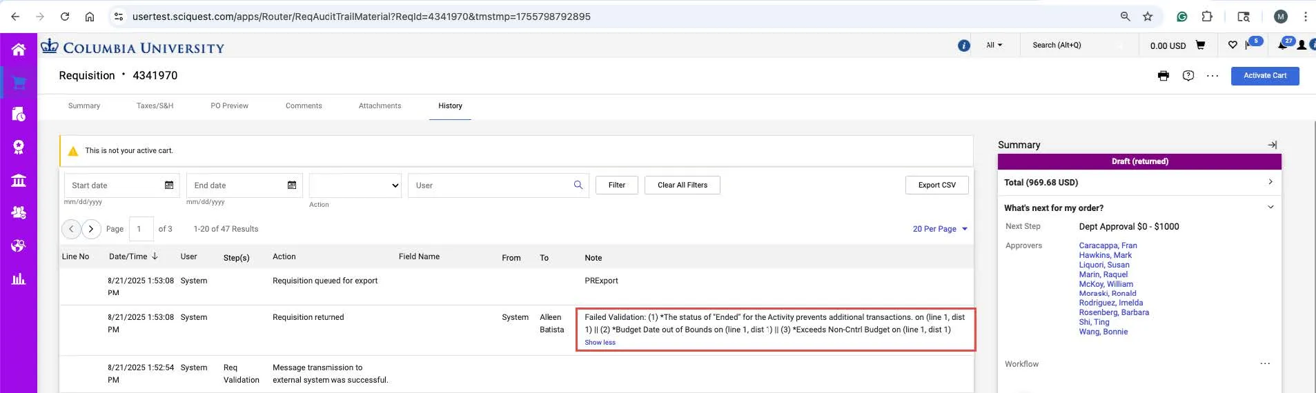 CU Marketplace Requisition Screenshot with the Note Section filled out and highlighted. 