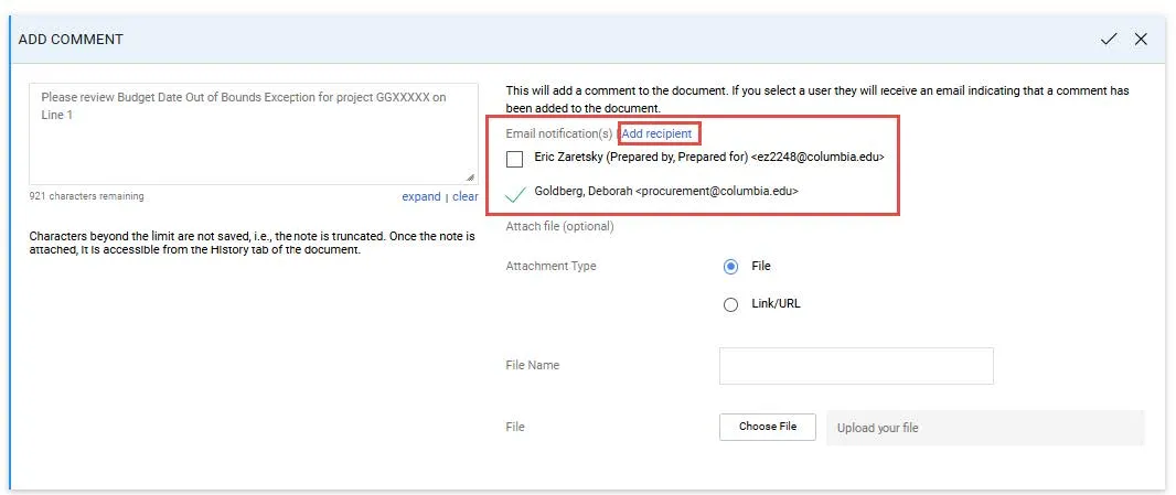 Add recipient link highlighted. 