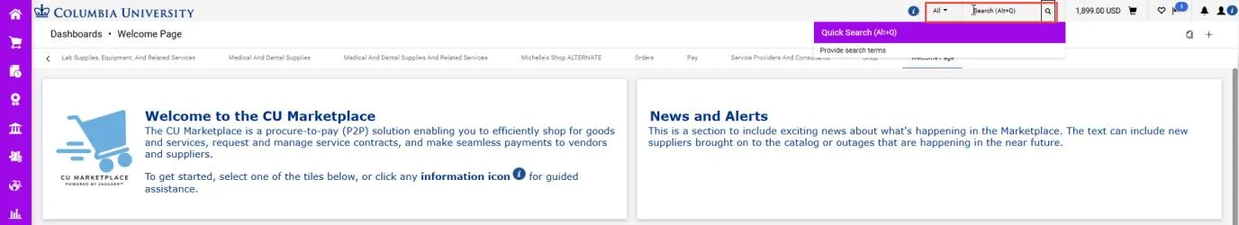 Click in the Quick Search field on the top right of the CU Marketplace window.
