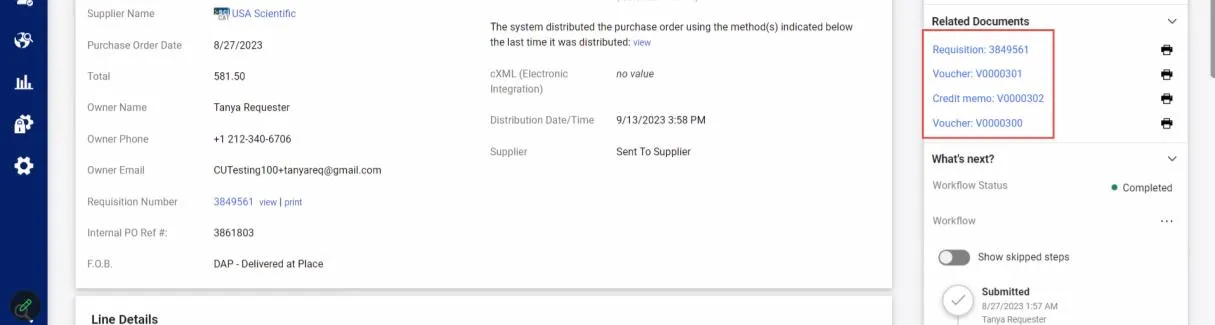 The Summary Panel of the document contains links to Related Documents so that you can easily navigate to related Requisition, Purchase Order, Voucher, or Receipt documents.