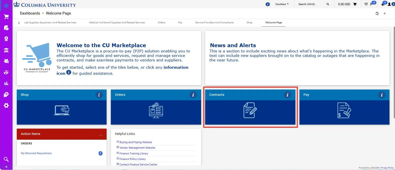 CU Marketplace dashboard with the contracts tile highlighted. 