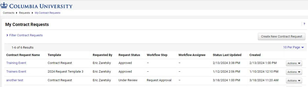 The My Contract Requests screen.