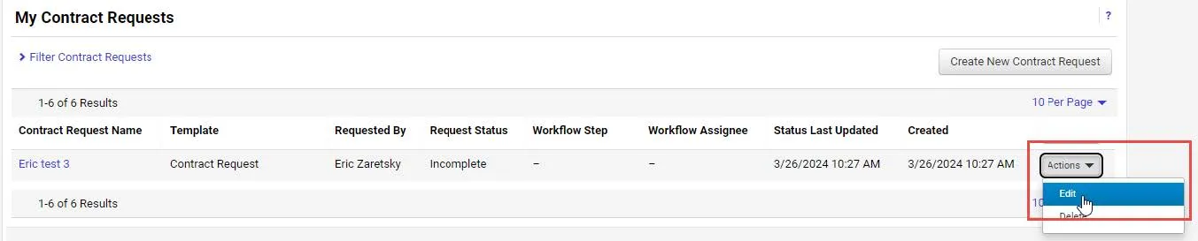 My contracts requests screen