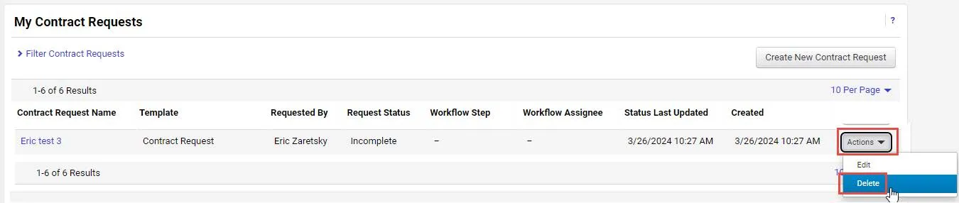 My contracts requests screen with the delete button highlighted