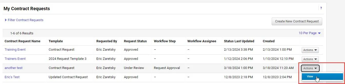 My contracts request screen. 