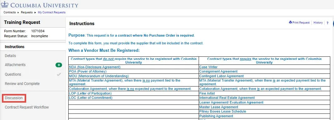 The Instructions page for the Contract Request appears.