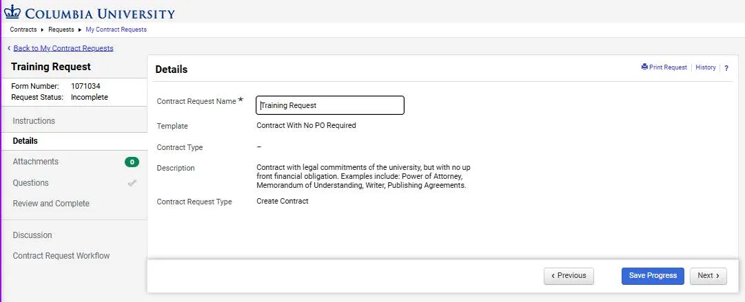 Contract requests page