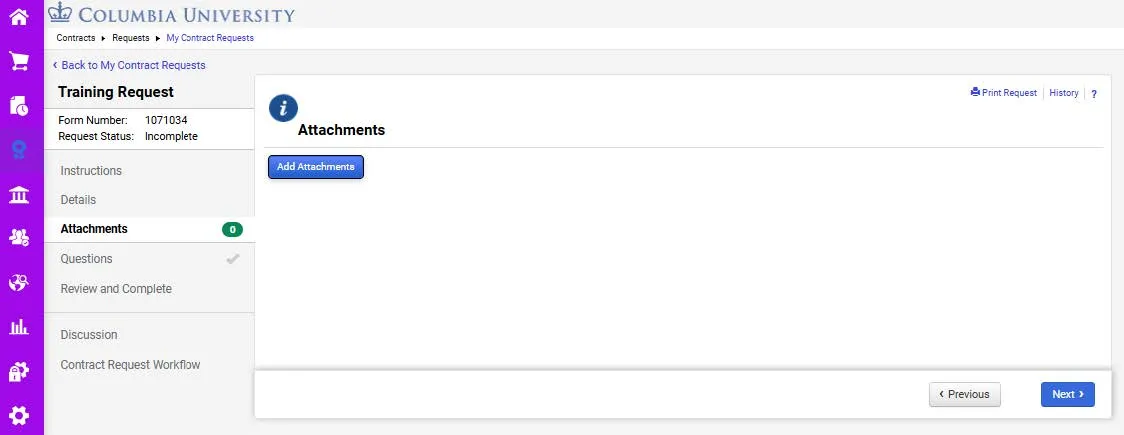 Contracts Requests uploading attachments page