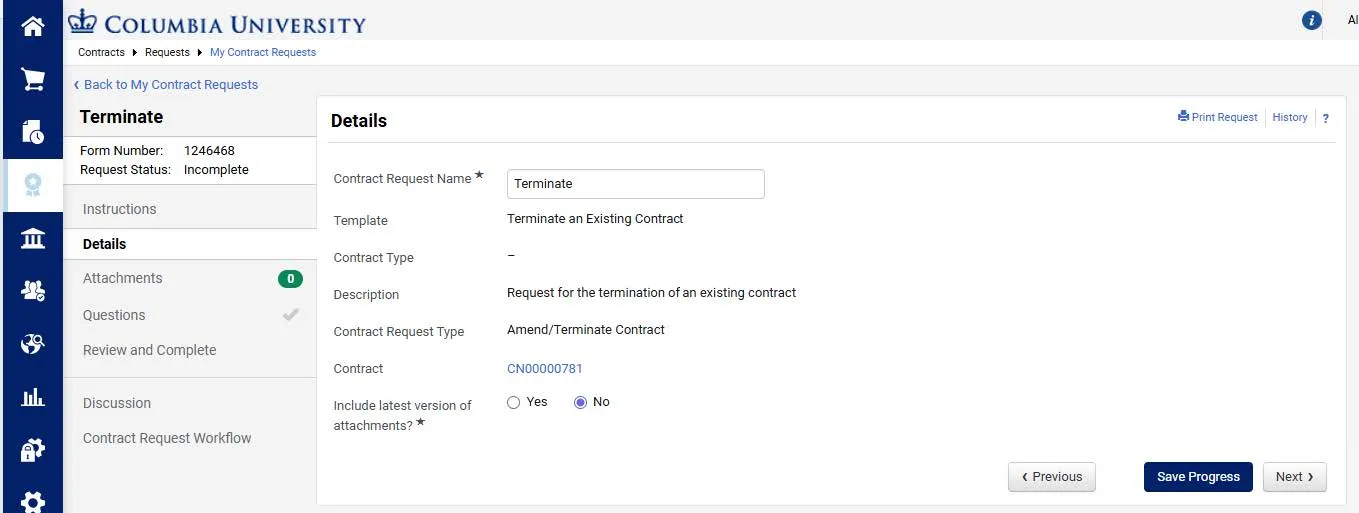 Terminate a contract details screen. 