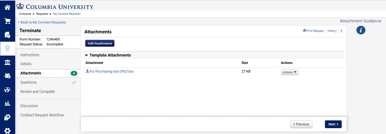 Terminate a contract attachments screen. 