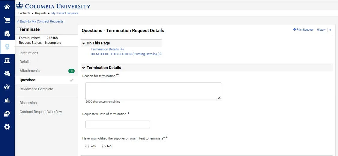 Termination request details screen. 