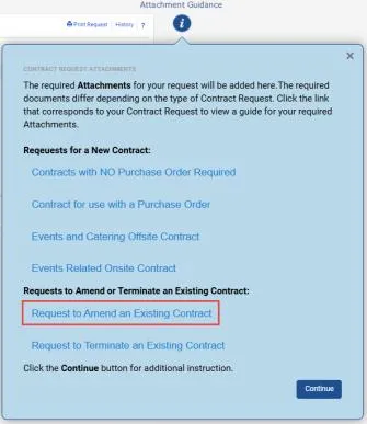 Attachment Guidance window with Request to Amend an Existing Contract link highlighted. 