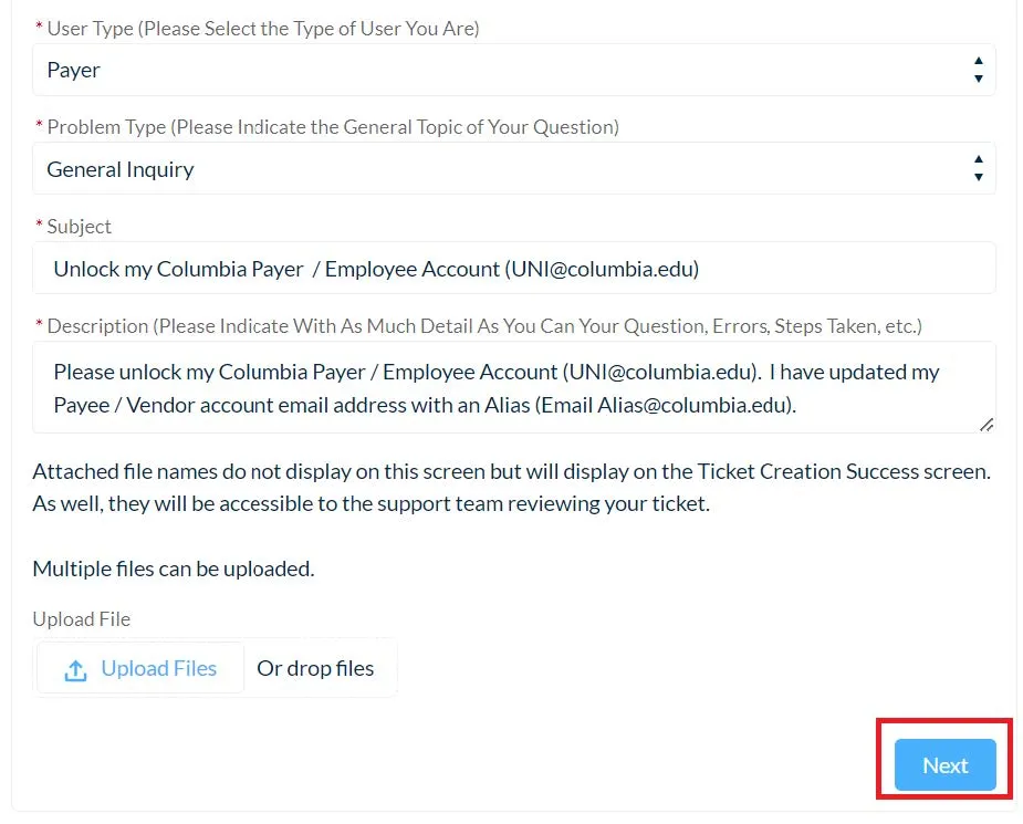 Select Payer from the User Type dropdown and General Inquiry form the Problem Type dropdown.