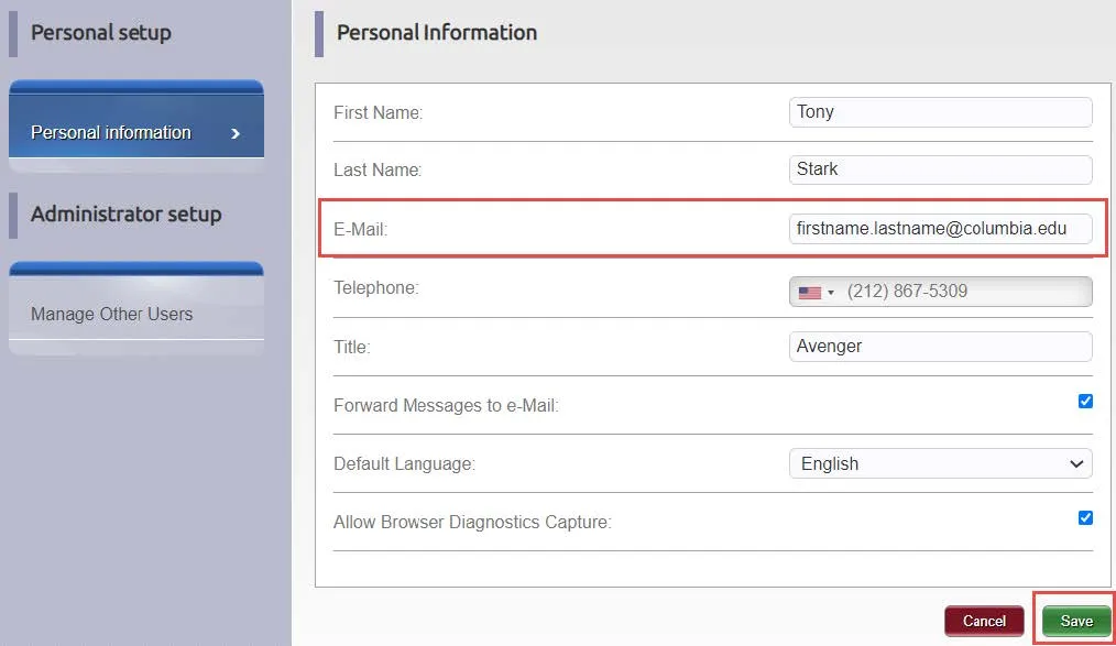 Update the Email field with your Columbia Email Address Alias.