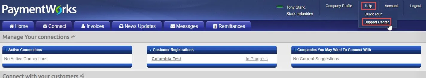 Click Help and select Support from the top right. The PaymentWorks help center website appears.