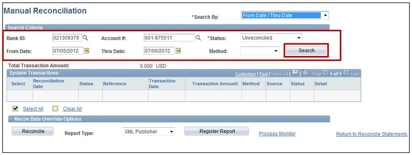Select the appropriate Bank ID, Account #, and dates you want to view transactions for, and click “Search”