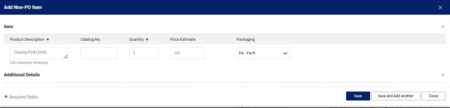 The Add Non-PO Item window.