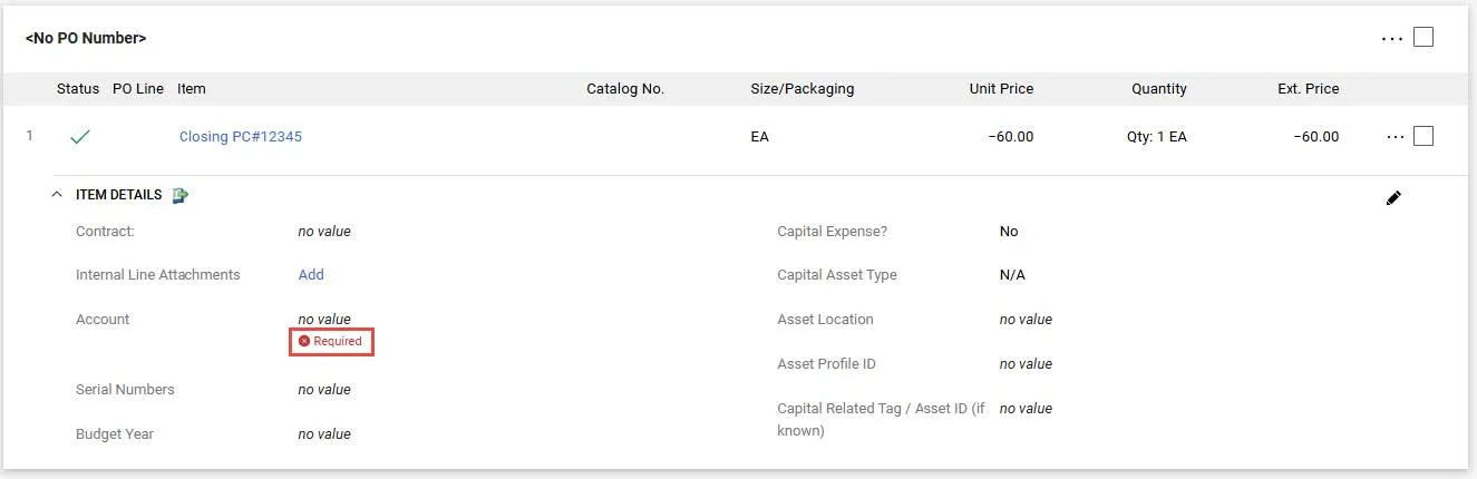 The Item Details appear and the Account field appears as required.