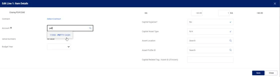 5. Click the Required link for the Account value. The Item Details screen appears.