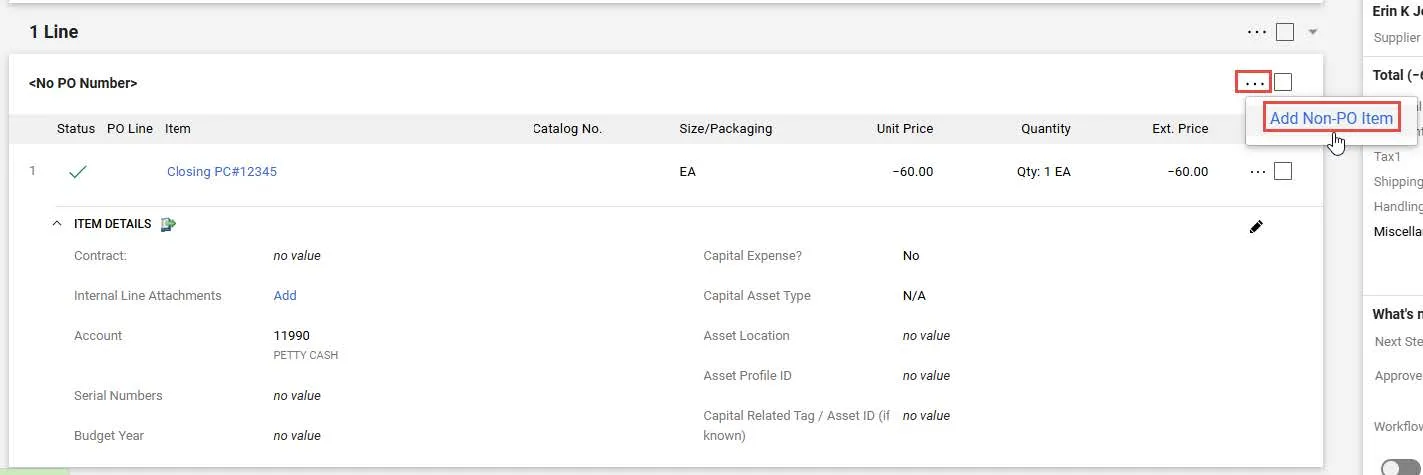 Click the Actions link at the top right of the Line section and select Add Non-PO Item.