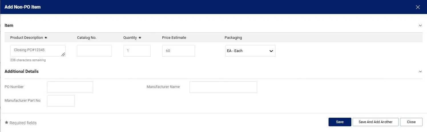 The Add Non-PO Item window.