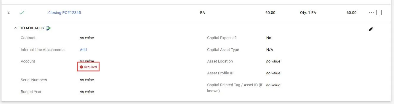 The Item Details appear and the Account field appears as required.