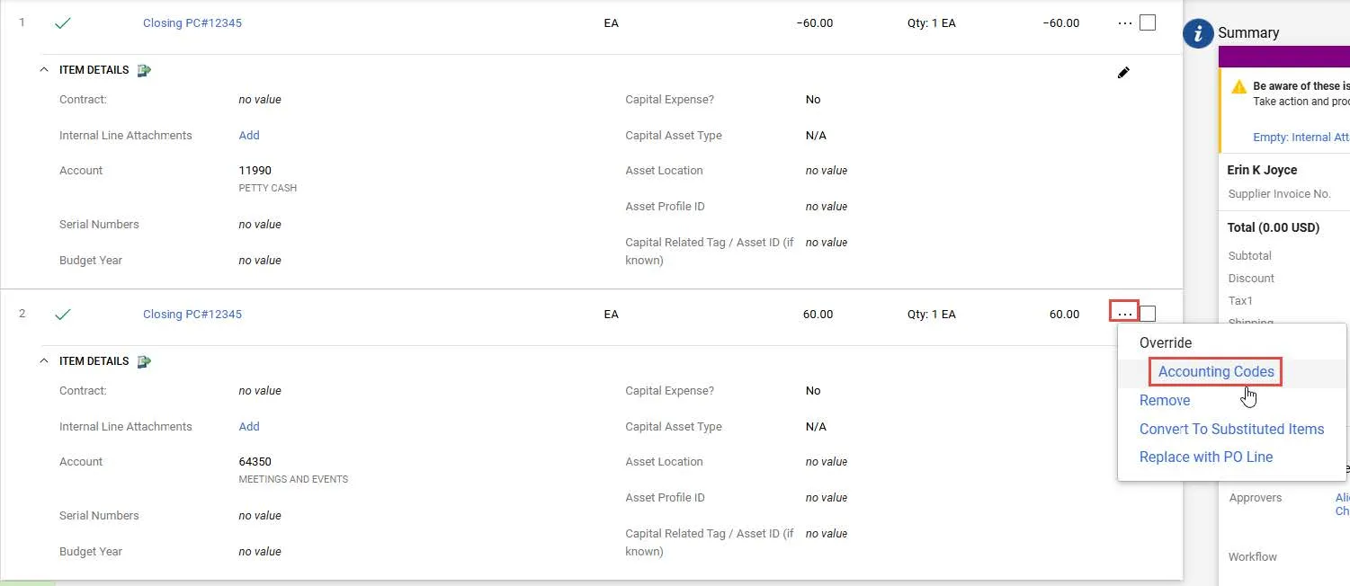 Click the Line Item Actions link at the top right of the second Line and select Override Account Codes screenshot.