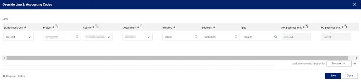 Click the Add alternate distribution for Line icon. The Override Line 2: Accounting Codes appears ready for editing.