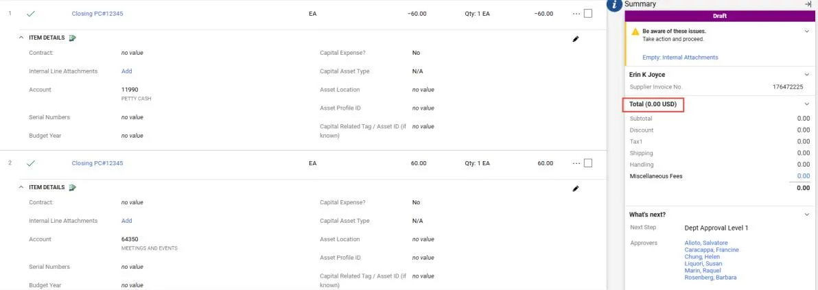 After adding both Lines two your Voucher, if you entered correctly, the Summary pane should indicate Total (0.00 USD).