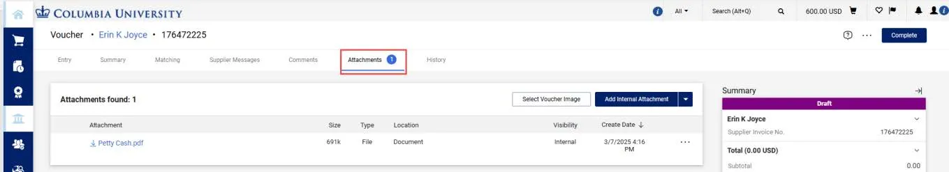 Voucher dashboard screenshot with the attachments tab highlighted. 