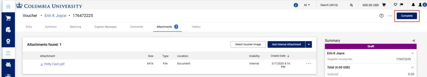 Voucher dashboard screenshot with the complete button highlighted. 
