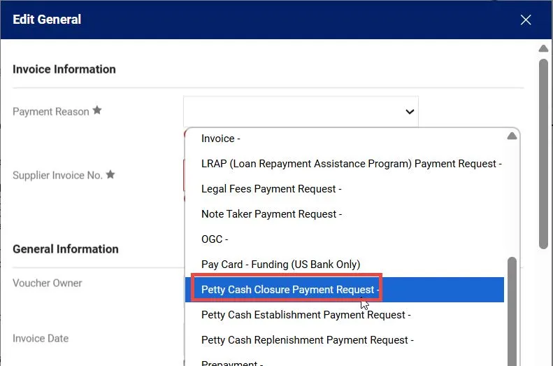 Edit general window with the Payment Reason dropdown menu expanded