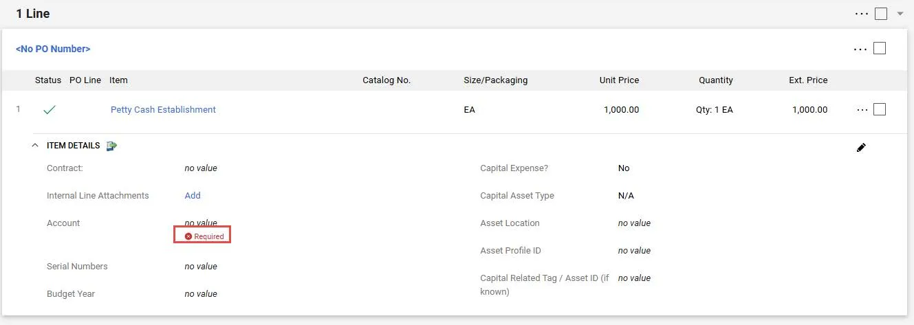 Click the Save button to add the Line. The Item Details appear and the Account field appears as required.