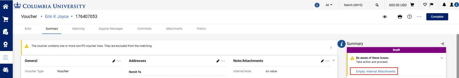 In the Summary pane, click the Empty Internal Attachments link.