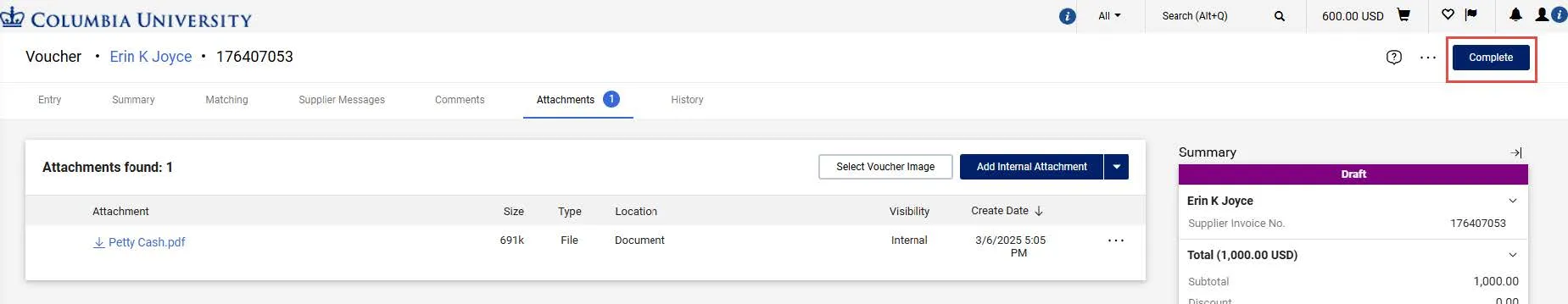 Click the Complete button to submit your Voucher. 